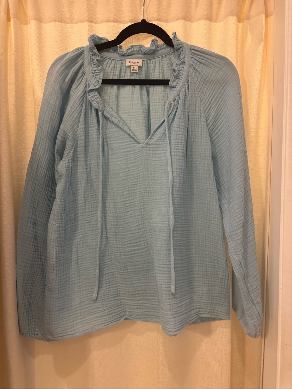 J. Crew Gauze Pale Blue Ruffle Tie-Neck Peasant Top